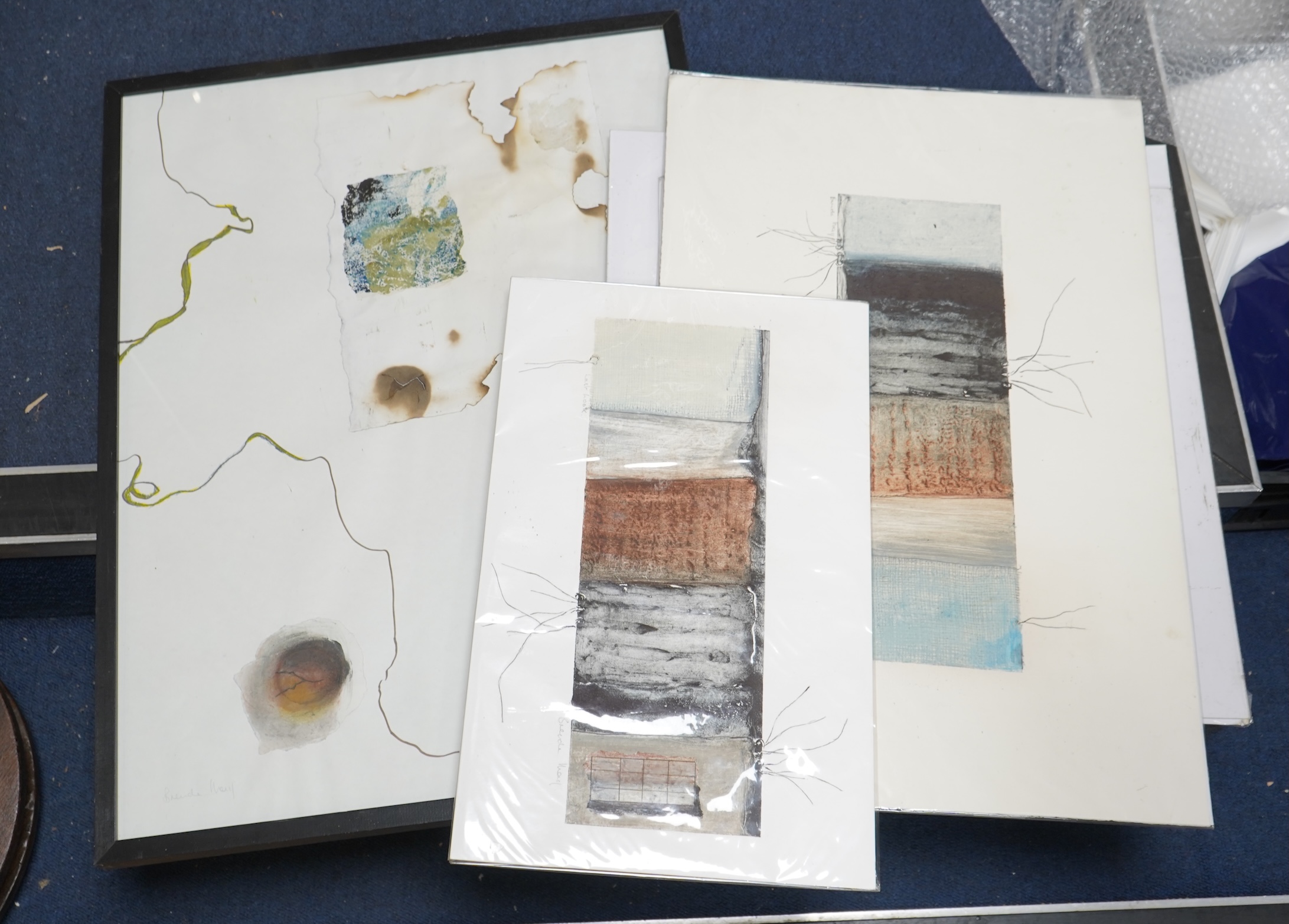 Brenda May (Modern British), a collection of four works to include an abstract collage, ‘Salvaged from the fire I’ and two pencil signed prints, one titled ‘Last Look’, one framed, largest 60 x 45cm